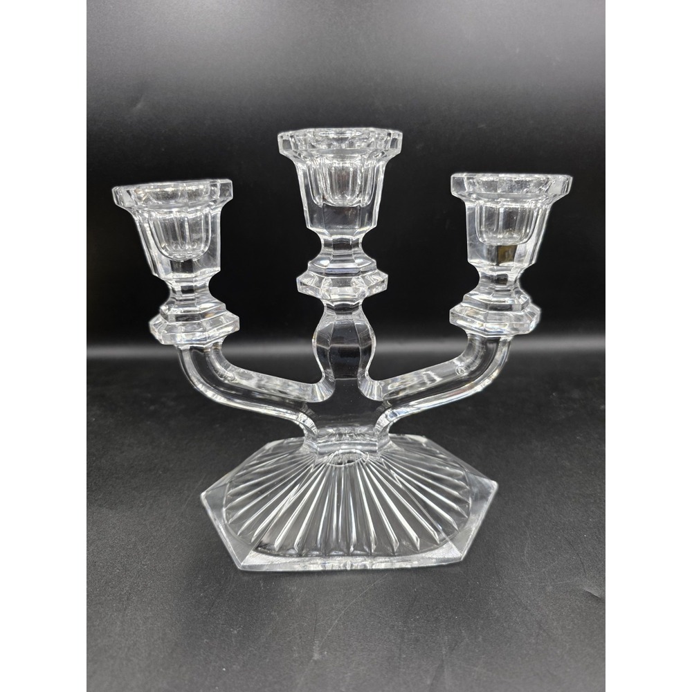 Vintage Clear Pressed Glass 3-Arm Candlestick Holder Hex Base Art Deco Style